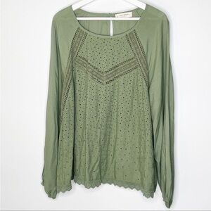 Lucky Brand olive colored eyelet blouse